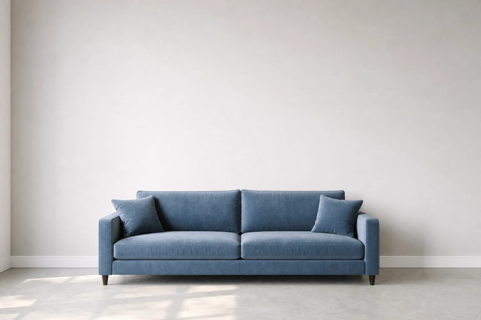 A dusty blue sofa beneath a gallery of art prints