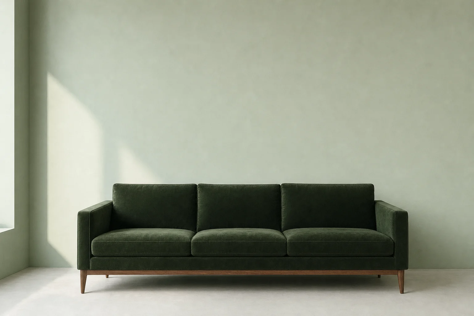 A forest-green velvet sofa against a pale sage wall